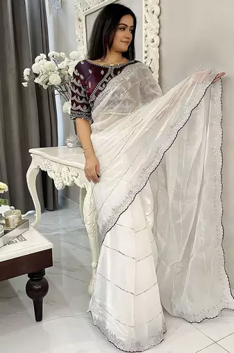 White women embellished embroidered saree