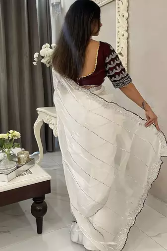 White women embellished embroidered saree
