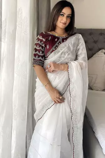 White women embellished embroidered saree