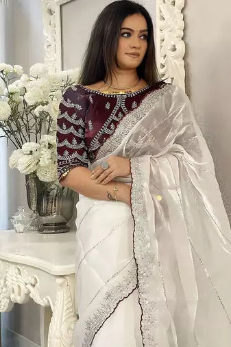 White women embellished embroidered saree