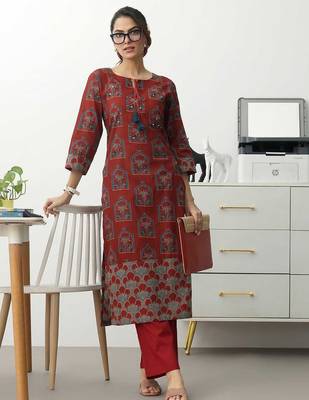 women ethnic motifs printed regular cotton blend kurta with trousers 1