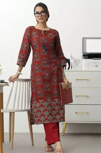 women ethnic motifs printed regular cotton blend kurta with trousers