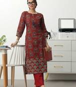 women ethnic motifs printed regular cotton blend kurta with trousers