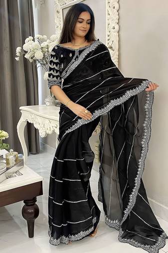 Black striped silk blend saree