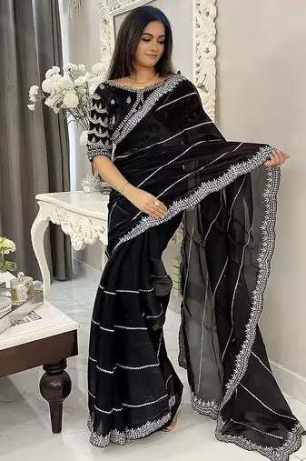 Black striped silk blend saree