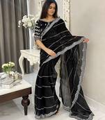 Black striped silk blend saree
