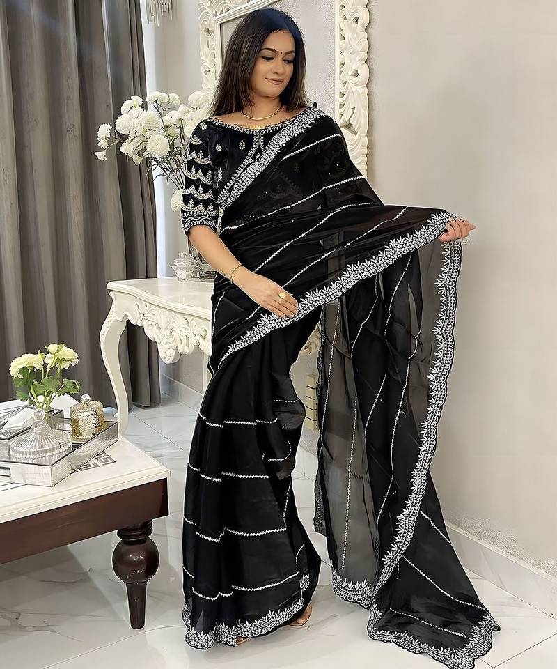 Black striped silk blend saree
