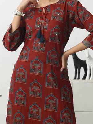 women ethnic motifs printed regular cotton blend kurta with trousers 2