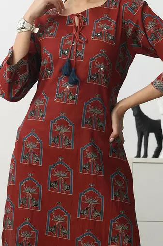women ethnic motifs printed regular cotton blend kurta with trousers