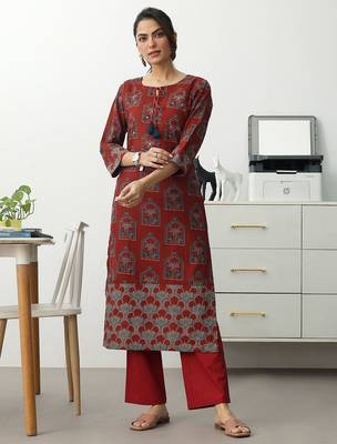 women ethnic motifs printed regular cotton blend kurta with trousers 5