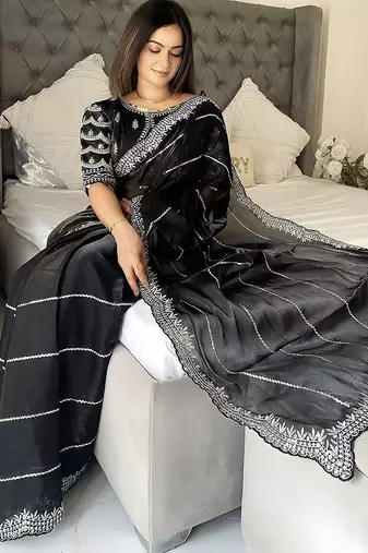 Black striped silk blend saree