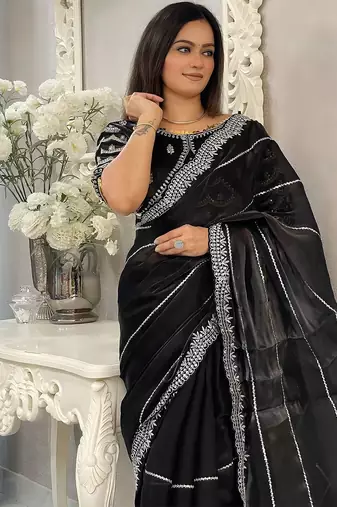 Black striped silk blend saree