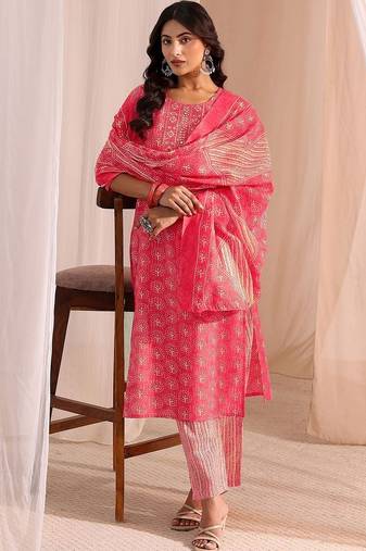 women ethnic motifs printed regular kurta with trousers & with dupatta