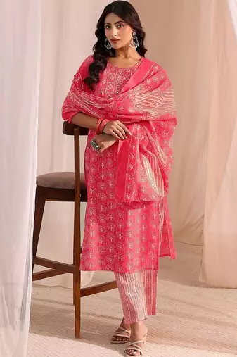women ethnic motifs printed regular kurta with trousers & with dupatta