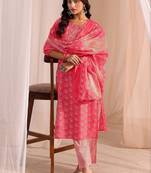 women ethnic motifs printed regular kurta with trousers & with dupatta