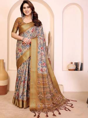 Beige floral zari silk cotton designer saree 1