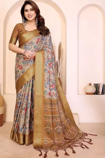 Beige floral zari silk cotton designer saree