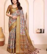 Beige floral zari silk cotton designer saree