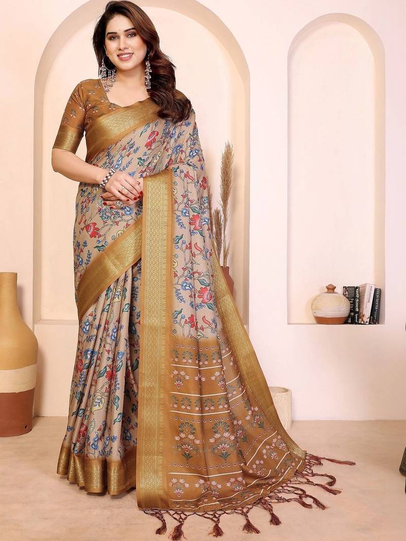 Beige floral zari silk cotton designer saree