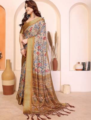 Beige floral zari silk cotton designer saree 2