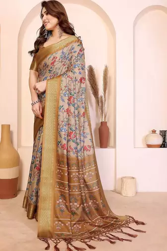 Beige floral zari silk cotton designer saree