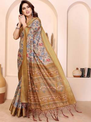 Beige floral zari silk cotton designer saree 3
