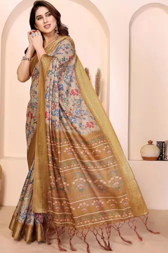 Beige floral zari silk cotton designer saree