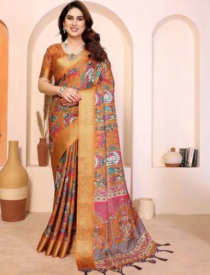 Orange kalamkari zari silk cotton designer saree 1