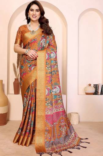 Orange kalamkari zari silk cotton designer saree