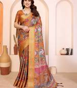 Orange kalamkari zari silk cotton designer saree