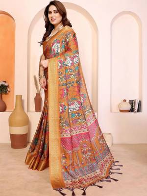 Orange kalamkari zari silk cotton designer saree 2