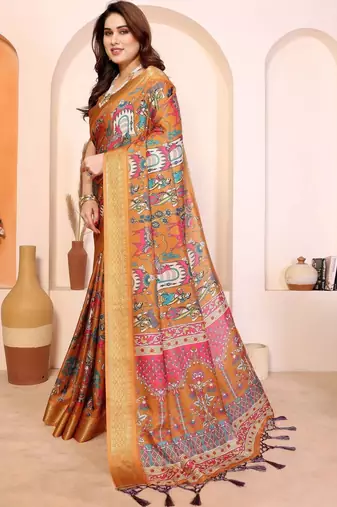Orange kalamkari zari silk cotton designer saree
