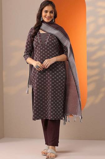 women ethnic motifs printed regular kurta with trousers & with dupatta