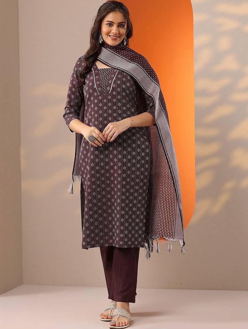 women ethnic motifs printed regular kurta with trousers & with dupatta