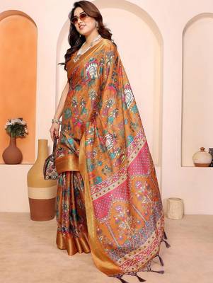 Orange kalamkari zari silk cotton designer saree 3
