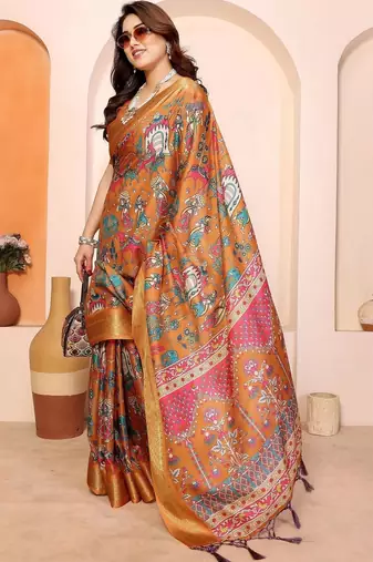 Orange kalamkari zari silk cotton designer saree