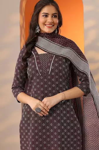 women ethnic motifs printed regular kurta with trousers & with dupatta