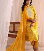 women ethnic motifs printed regular kurta with trousers & with dupatta
