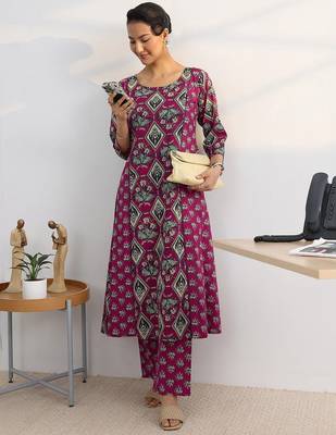 libas pink floral printed cotton blend a-line kurta set 1