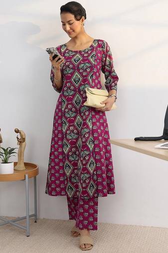 libas pink floral printed cotton blend a-line kurta set