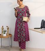 libas pink floral printed cotton blend a-line kurta set