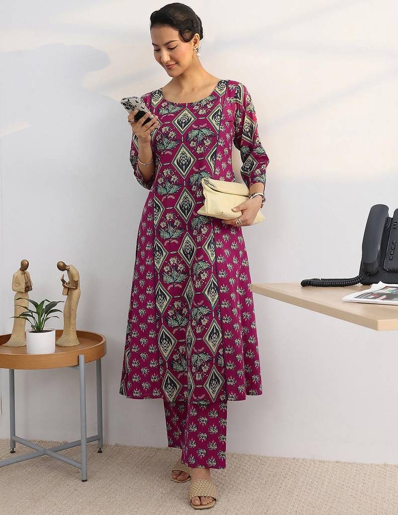 libas pink floral printed cotton blend a-line kurta set