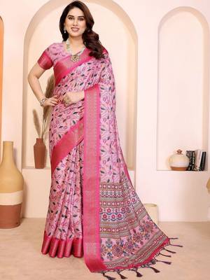Pink floral zari silk cotton designer saree 1