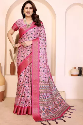 Pink floral zari silk cotton designer saree