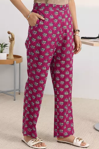 libas pink floral printed cotton blend a-line kurta set