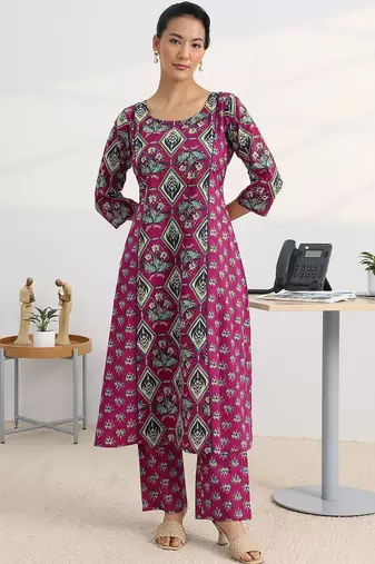 libas pink floral printed cotton blend a-line kurta set