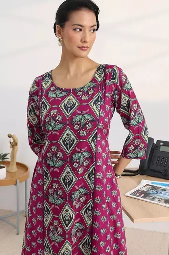 libas pink floral printed cotton blend a-line kurta set