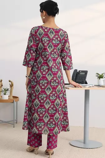 libas pink floral printed cotton blend a-line kurta set