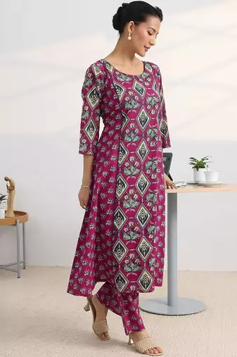 libas pink floral printed cotton blend a-line kurta set