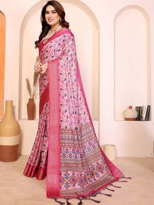 Pink floral zari silk cotton designer saree 2